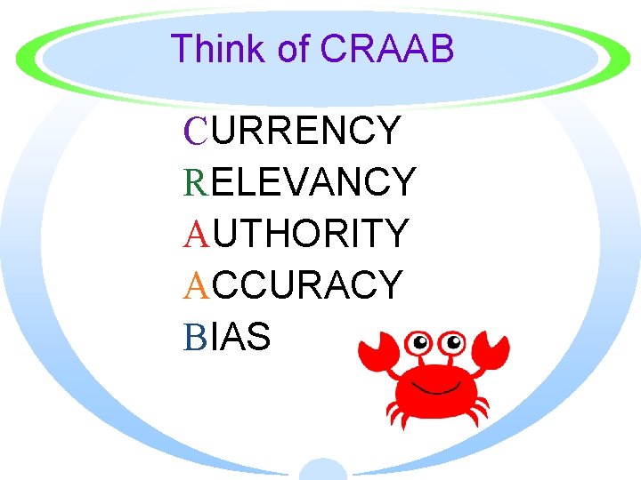 Think of CRAAB CURRENCY RELEVANCY AUTHORITY ACCURACY BIAS 