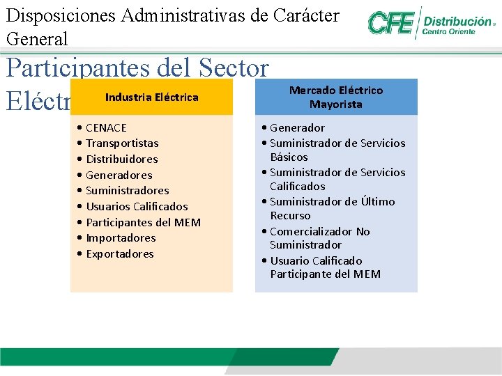 Disposiciones Administrativas de Carácter General Participantes del Sector Eléctrico. Industria Eléctrica • CENACE •
