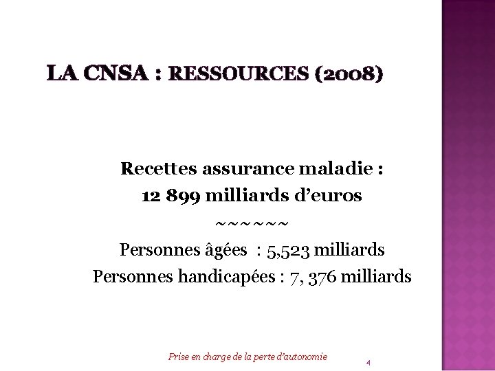 LA CNSA : RESSOURCES (2008) Recettes assurance maladie : 12 899 milliards d’euros ~~~~~~