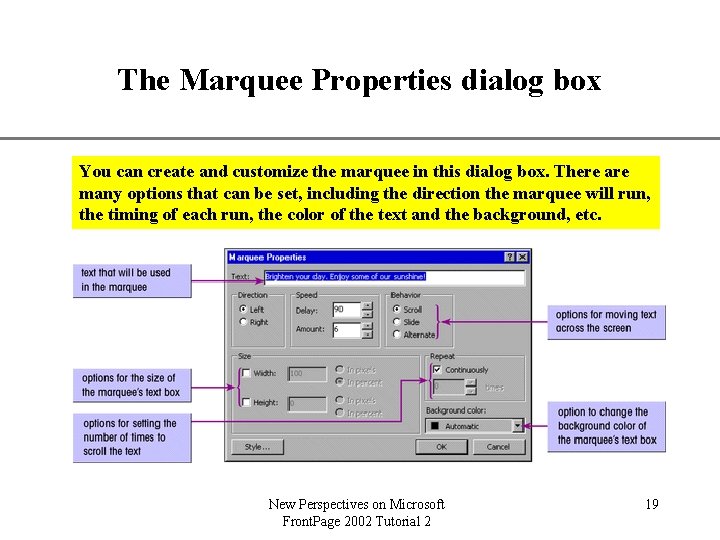XP The Marquee Properties dialog box You can create and customize the marquee in