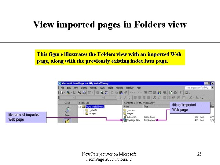 View imported pages in Folders view XP This figure illustrates the Folders view with