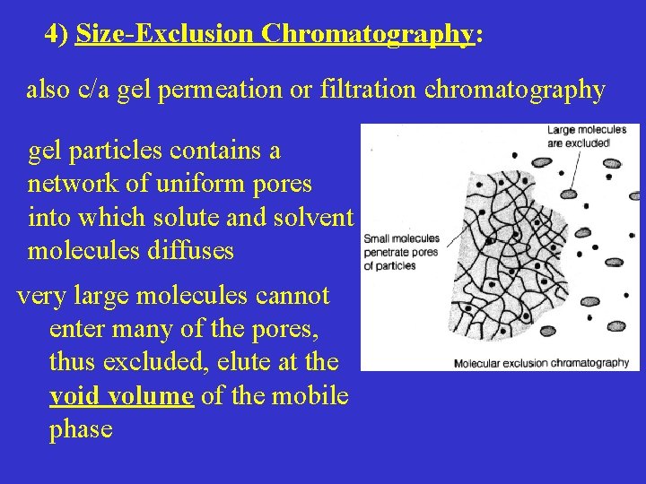 4) Size-Exclusion Chromatography: also c/a gel permeation or filtration chromatography gel particles contains a