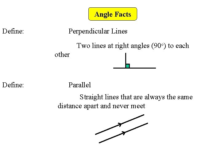 Angle Facts Define: Perpendicular Lines Two lines at right angles (90 o) to each