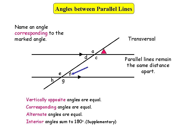 Angles between Parallel Lines Name an angle corresponding to the marked angle. Transversal d