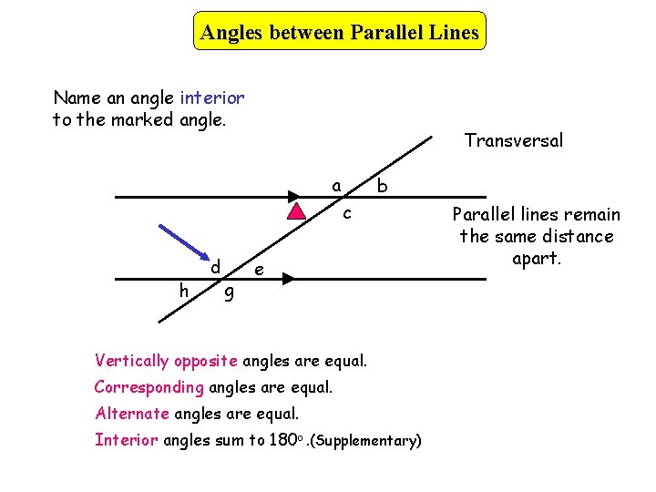 Angles between Parallel Lines Name an angle interior to the marked angle. Transversal a