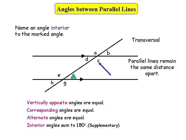 Angles between Parallel Lines Name an angle interior to the marked angle. Transversal d