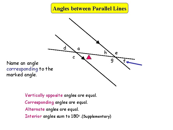 Angles between Parallel Lines d Name an angle corresponding to the marked angle. a