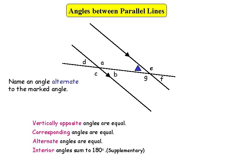 Angles between Parallel Lines d Name an angle alternate to the marked angle. a