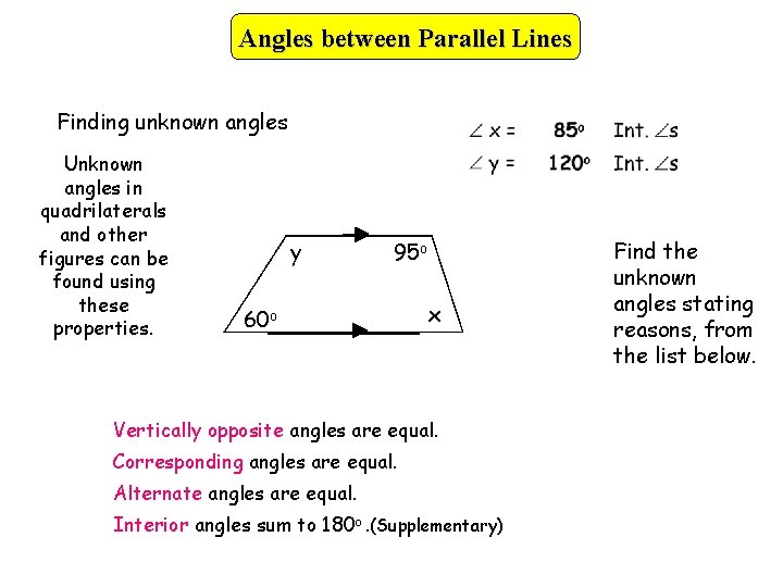 Angles between Parallel Lines Finding unknown angles Unknown angles in quadrilaterals and other figures