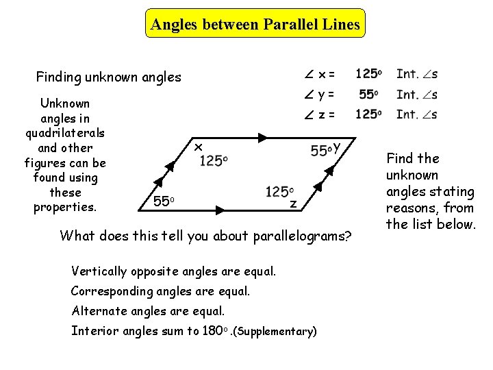 Angles between Parallel Lines x= Finding unknown angles Unknown angles in quadrilaterals and other