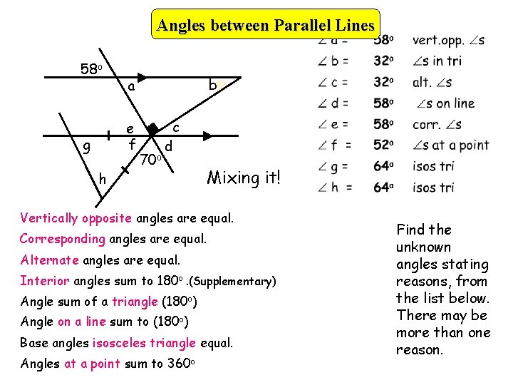 Angles between Parallel Lines 58 o e f g h b a 70 o