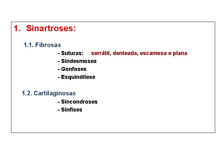 1. Sinartroses: 1. 1. Fibrosas - Suturas: serrátil, denteada, escamosa e plana - Sindesmoses