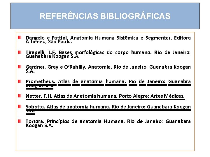 REFERÊNCIAS BIBLIOGRÁFICAS Dangelo e Fattini. Anatomia Humana Sistêmica e Segmentar. Editora Atheneu, São Paulo.