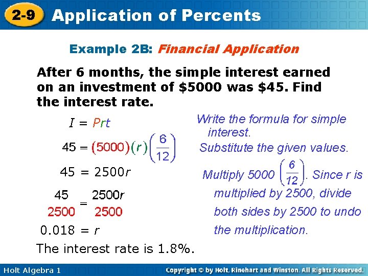 2 -9 Application of Percents Example 2 B: Financial Application After 6 months, the