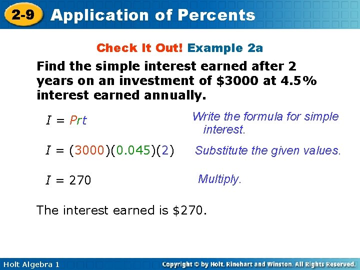 2 -9 Application of Percents Check It Out! Example 2 a Find the simple