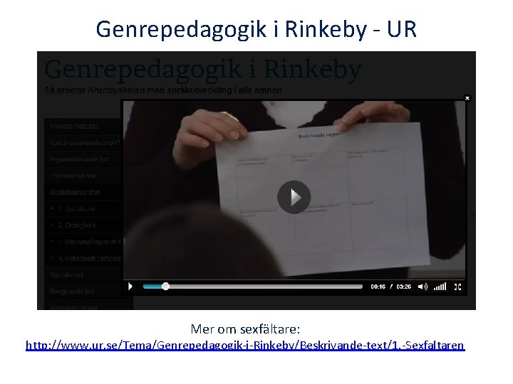 Genrepedagogik i Rinkeby - UR Mer om sexfältare: http: //www. ur. se/Tema/Genrepedagogik-i-Rinkeby/Beskrivande-text/1. -Sexfaltaren 