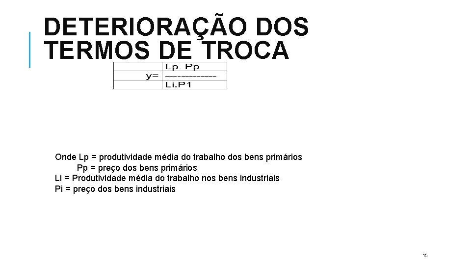 DETERIORAÇÃO DOS TERMOS DE TROCA Onde Lp = produtividade média do trabalho dos bens