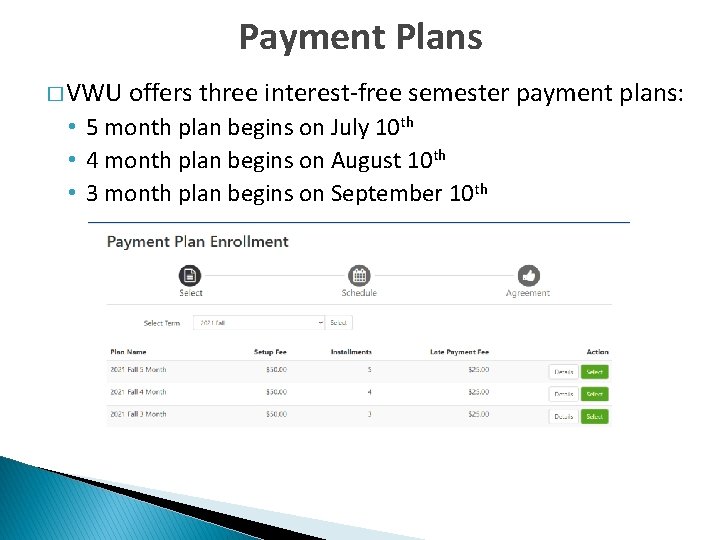 Payment Plans � VWU offers three interest-free semester payment plans: • 5 month plan