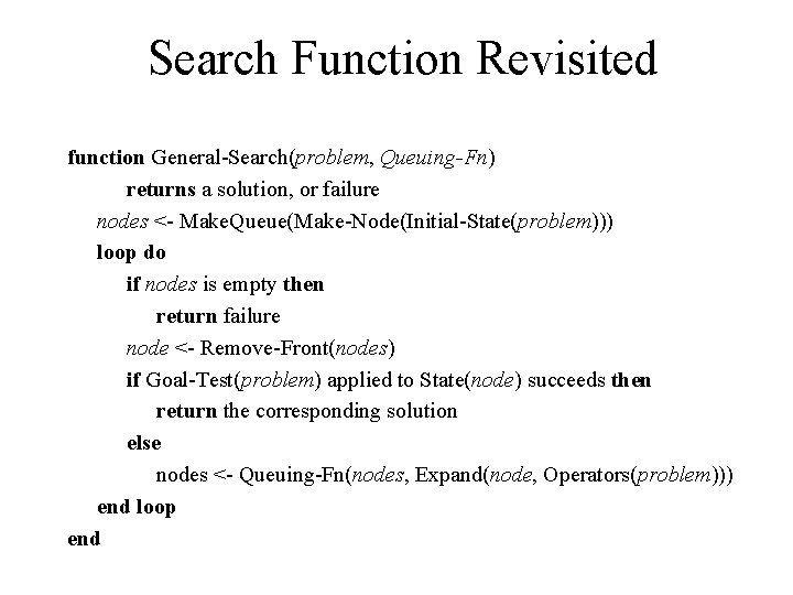 Search Function Revisited function General-Search(problem, Queuing-Fn) returns a solution, or failure nodes <- Make.