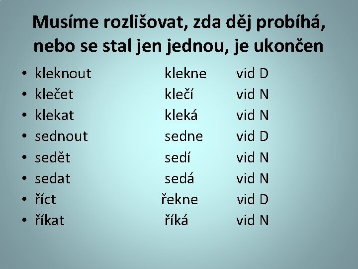 Musíme rozlišovat, zda děj probíhá, nebo se stal jen jednou, je ukončen • •