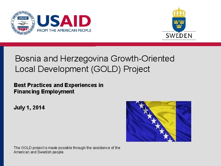 Bosnia and Herzegovina Growth-Oriented Local Development (GOLD) Project Best Practices and Experiences in Financing