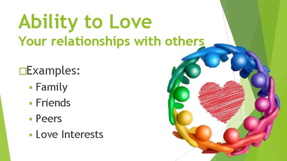 Ability to Love Your relationships with others �Examples: Family § Friends § Peers §