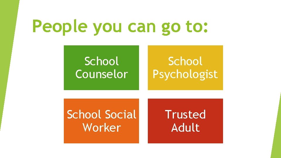 People you can go to: School Counselor School Psychologist School Social Worker Trusted Adult