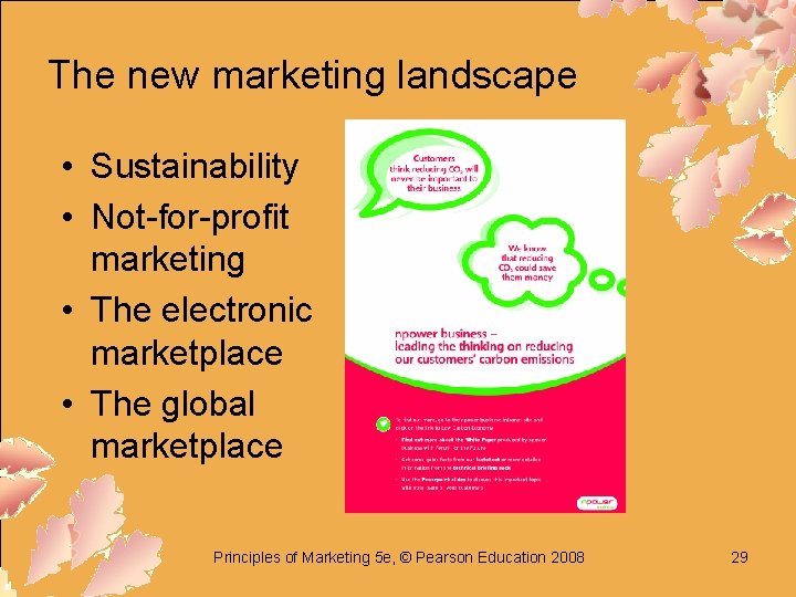 The new marketing landscape • Sustainability • Not-for-profit marketing • The electronic marketplace •