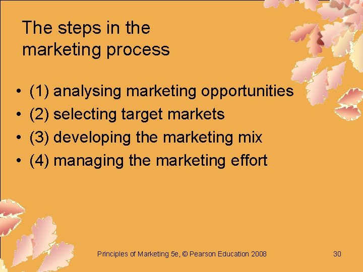 The steps in the marketing process • • (1) analysing marketing opportunities (2) selecting