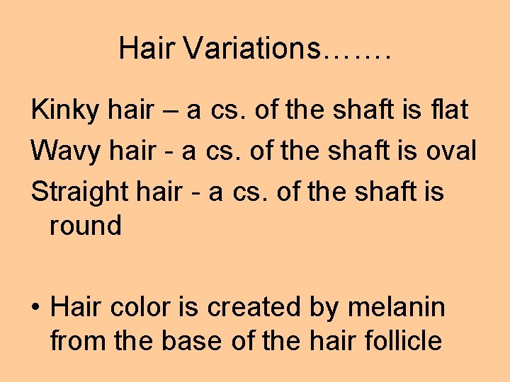 Hair Variations……. Kinky hair – a cs. of the shaft is flat Wavy hair