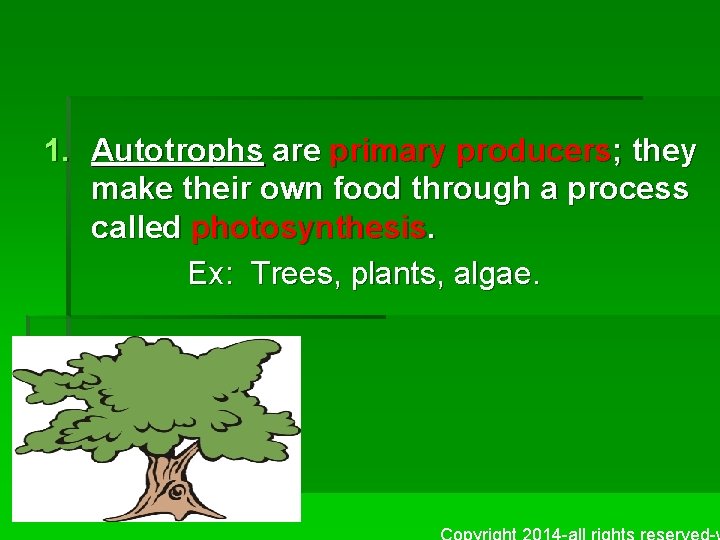 1. Autotrophs are primary producers; they make their own food through a process called