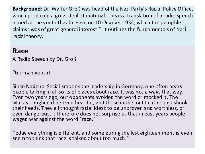 Background: Dr. Walter Groß was head of the Nazi Party’s Racial Policy Office, which