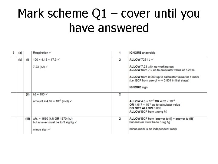 Mark scheme Q 1 – cover until you have answered 