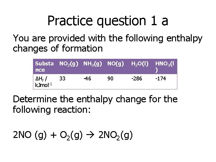 Practice question 1 a You are provided with the following enthalpy changes of formation