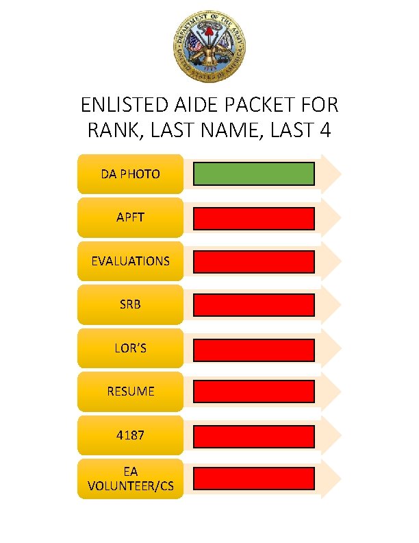 ENLISTED AIDE PACKET FOR RANK, LAST NAME, LAST 4 DA PHOTO APFT EVALUATIONS SRB