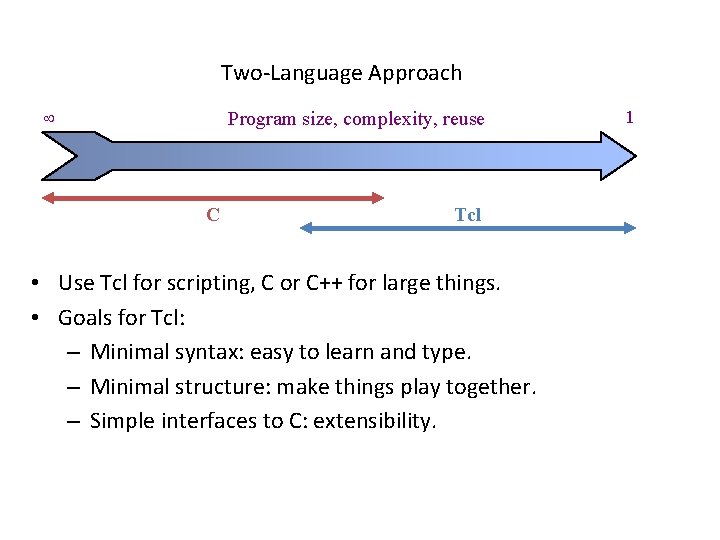 Two-Language Approach ¥ Program size, complexity, reuse C Tcl • Use Tcl for scripting,