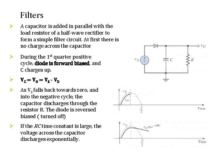 Filters Ø A capacitor is added in parallel with the load resistor of a