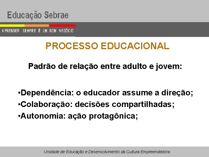 PROCESSO EDUCACIONAL Padrão de relação entre adulto e jovem: • Dependência: o educador assume