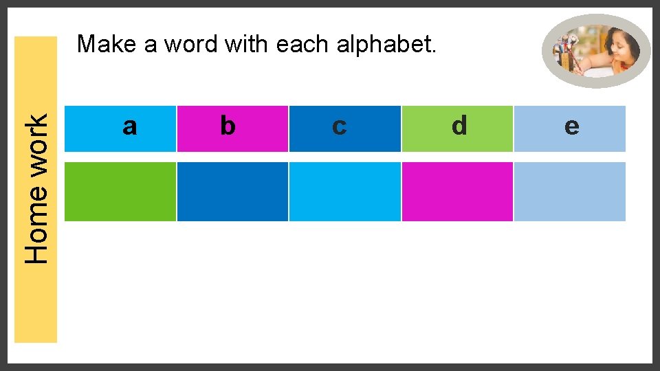 Home work Make a word with each alphabet. a b c d e 