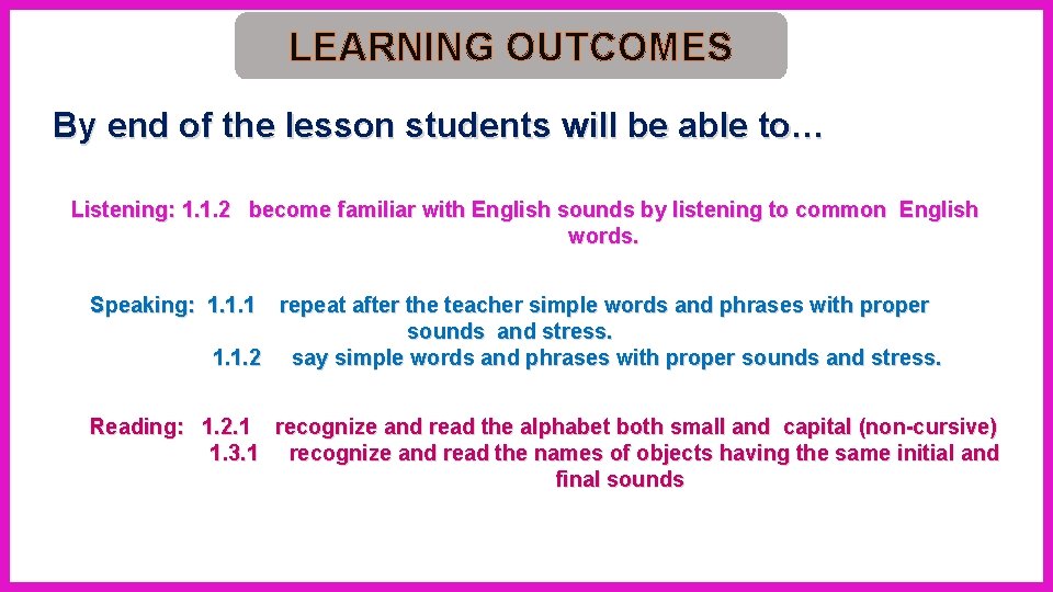 LEARNING OUTCOMES By end of the lesson students will be able to… Listening: 1.