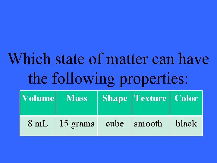 Which state of matter can have the following properties: Volume Mass 8 m. L