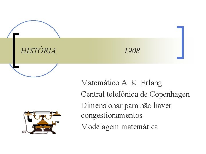 HISTÓRIA 1908 Matemático A. K. Erlang Central telefônica de Copenhagen Dimensionar para não haver