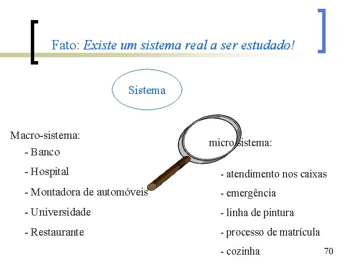 Fato: Existe um sistema real a ser estudado! Sistema Macro-sistema: - Banco micro sistema: