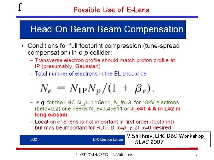 f Possible Use of E-Lens V. Shiltsev, LHC BBC Workshop, SLAC 2007 LARP CM