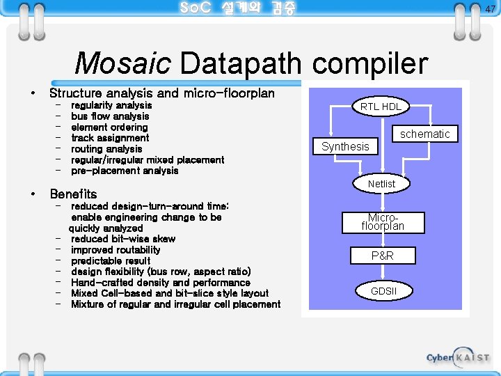 47 Mosaic Datapath compiler • Structure analysis and micro-floorplan – – – – •