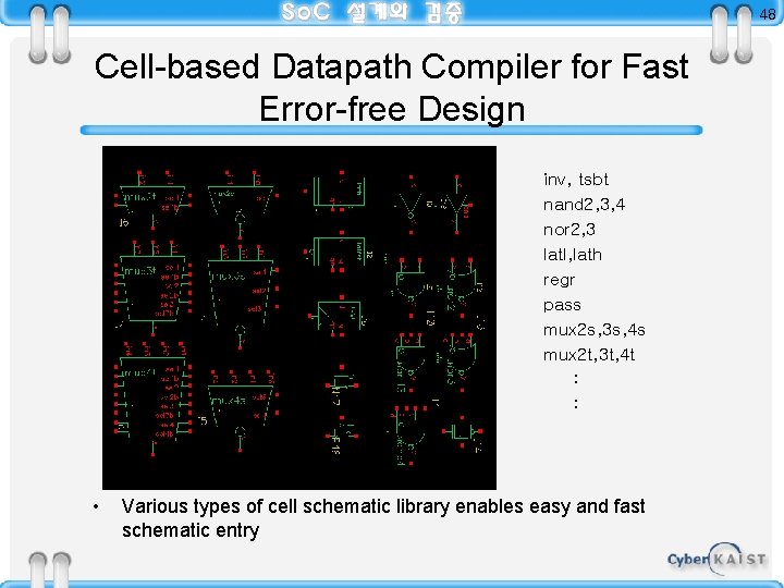 48 Cell-based Datapath Compiler for Fast Error-free Design inv, tsbt nand 2, 3, 4