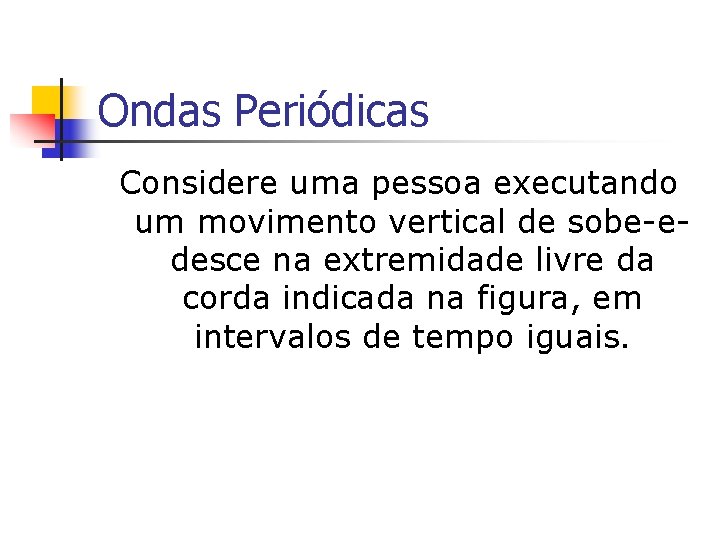 Ondas Periódicas Considere uma pessoa executando um movimento vertical de sobe-edesce na extremidade livre Ondas Periódicas Considere uma pessoa executando um movimento vertical de sobe-edesce na extremidade livre