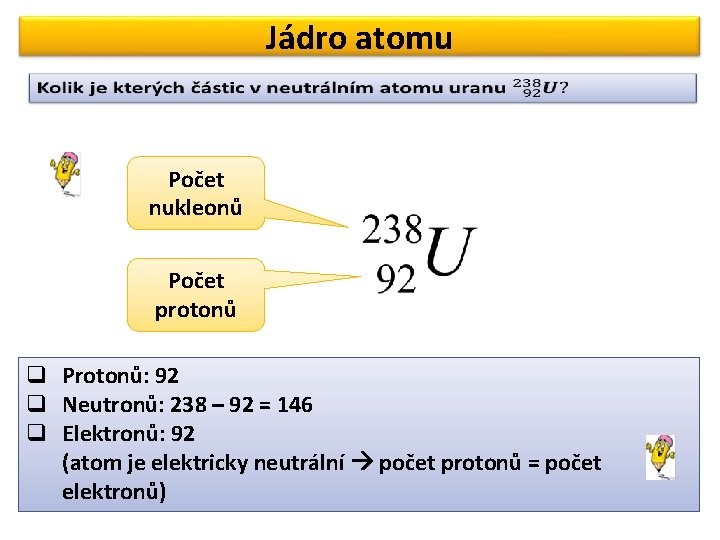 Jádro atomu Počet nukleonů Počet protonů q Protonů: 92 q Neutronů: 238 – 92