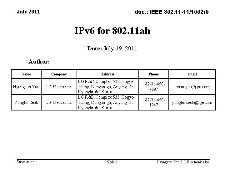 July 2011 doc. : IEEE 802. 11 -11/1002 r 0 IPv 6 for 802.