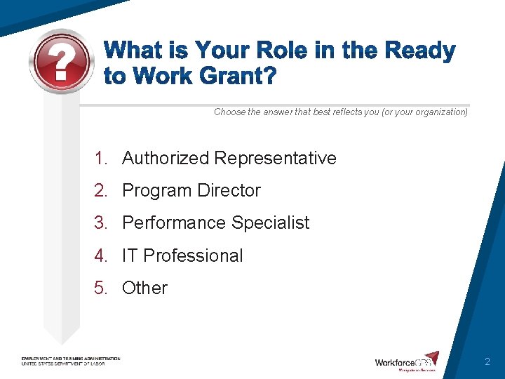 Choose the answer that best reflects you (or your organization) 1. Authorized Representative 2.